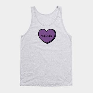 Pronoun She/Her Conversation Heart in Purple Tank Top